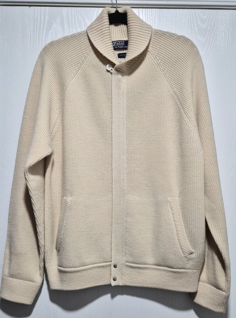 Vintage Polo by Ralph Lauren Men Cream 100% Wool Shawl Collar Knit Jacket Size M